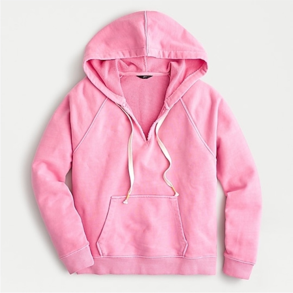 J. Crew Pink Garment Dyed V Neck Hoodie in Vintage Cotton Terry